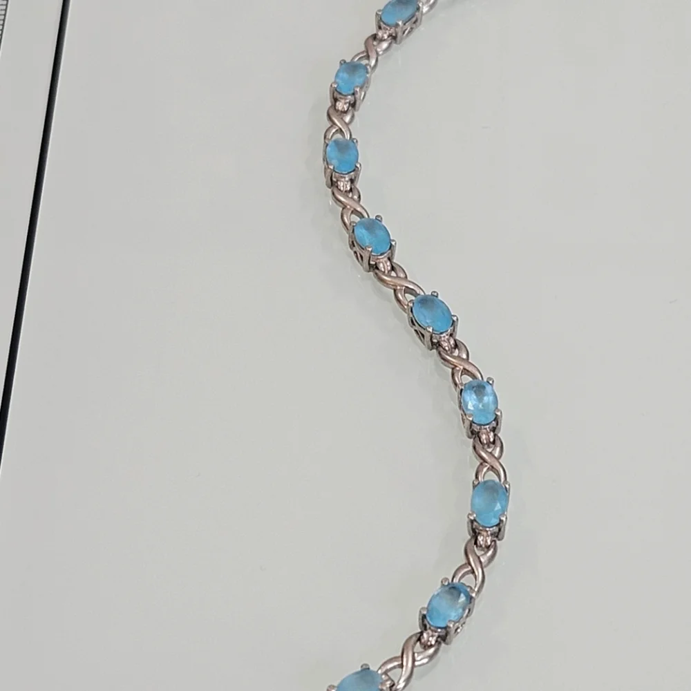 Frosted Blue Glass Sterling Silver Infinity Tennis Bracelet 925 7 1/4